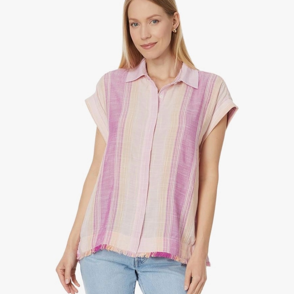 Liverpool Women's Collared Camp Shirt with Hi-Low Fray Hem size small